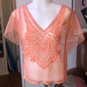 Embroidered Tulle Blouse w Flutter Sleeve